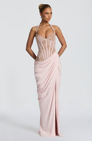 Halterneck Lace Maxi Dress – Aviana - Blush - Hadassha