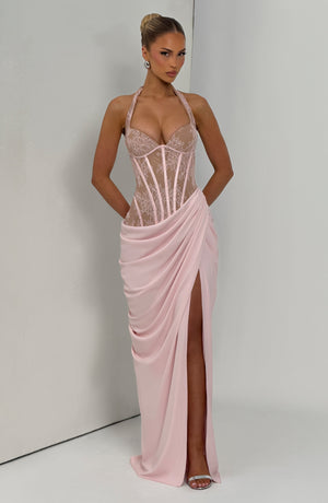 Halterneck Lace Maxi Dress – Aviana - Blush - Hadassha
