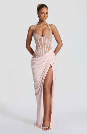 Halterneck Lace Maxi Dress – Aviana - Blush - Hadassha