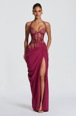 Halterneck Lace Maxi Dress – Aviana - Mulberry - Hadassha