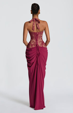 Halterneck Lace Maxi Dress – Aviana - Mulberry - Hadassha