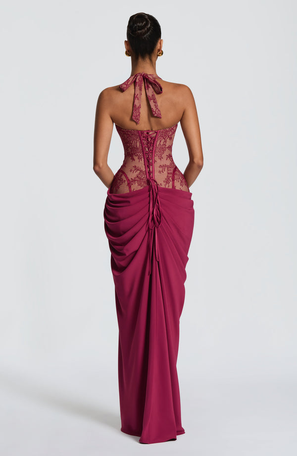 Halterneck Lace Maxi Dress – Aviana - Mulberry - Hadassha