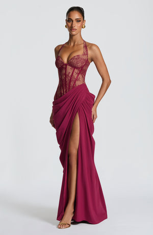 Halterneck Lace Maxi Dress – Aviana - Mulberry - Hadassha