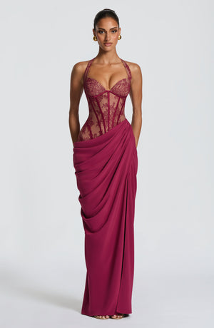 Halterneck Lace Maxi Dress – Aviana - Mulberry - Hadassha