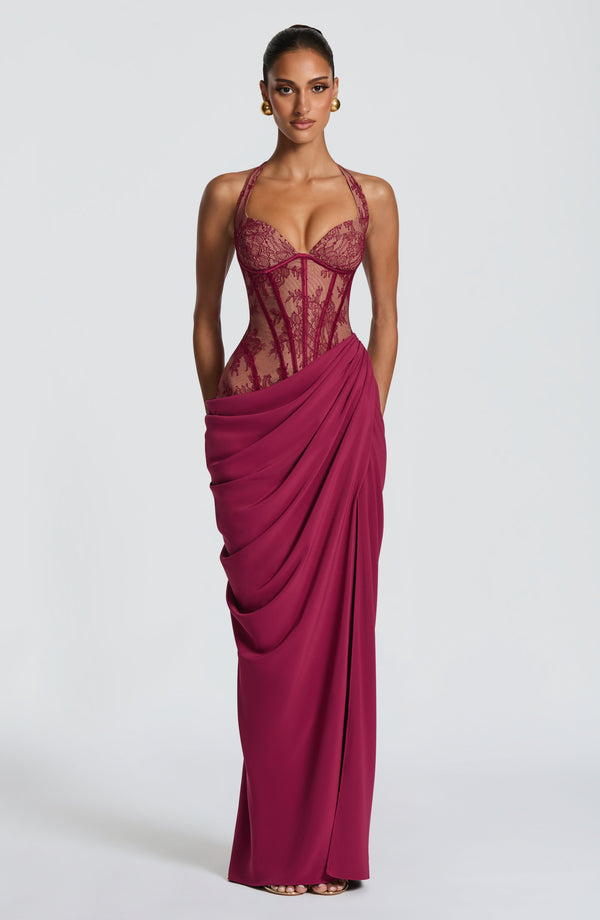 Halterneck Lace Maxi Dress – Aviana - Mulberry - Hadassha