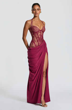 Halterneck Lace Maxi Dress – Aviana - Mulberry - Hadassha