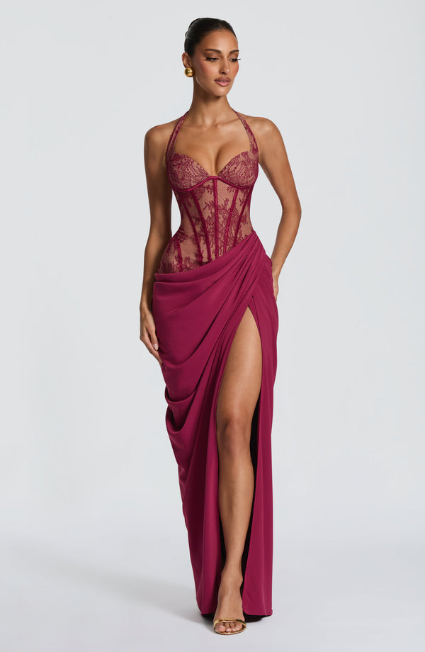 Halterneck Lace Maxi Dress – Aviana - Mulberry - Hadassha