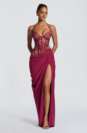 Halterneck Lace Maxi Dress – Aviana - Mulberry - Hadassha
