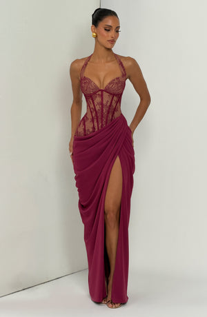 Halterneck Lace Maxi Dress – Aviana - Mulberry - Hadassha