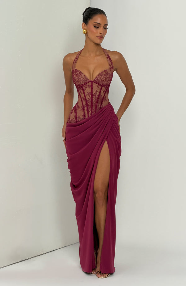 Halterneck Lace Maxi Dress – Aviana - Mulberry - Hadassha