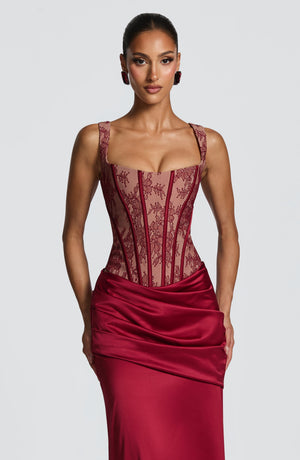 Lace Corset Top & Maxi Skirt Co-ord Set – Vesper - Burgundy - Hadassha