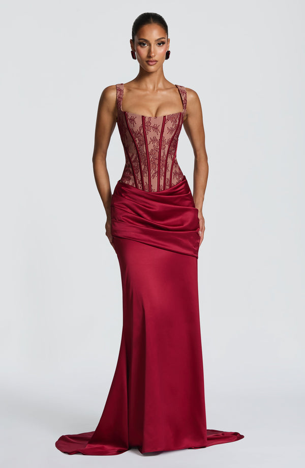 Lace Corset Top & Maxi Skirt Co-ord Set – Vesper - Burgundy - Hadassha