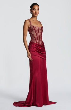 Lace Corset Top & Maxi Skirt Co-ord Set – Vesper - Burgundy - Hadassha