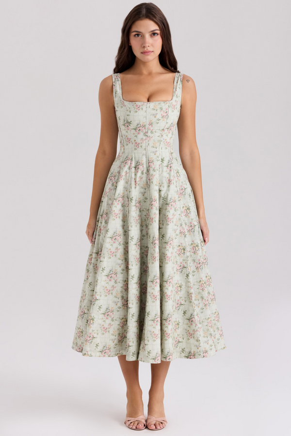 Ladies’ Bustier Midi Dress Shaping – Eleanor - Floral Green - Hadassha
