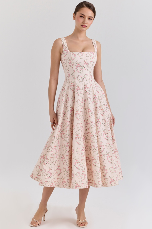 Ladies’ Bustier Midi Dress Shaping – Eleanor - Floral Pink - Hadassha