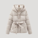 Ladies’ Hooded Puffer Jacket, Belted – Wren - Beige - Hadassha