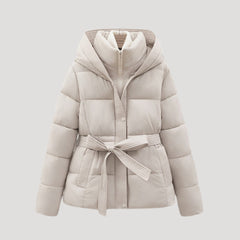 Ladies’ Hooded Puffer Jacket, Belted – Wren - Beige - Hadassha