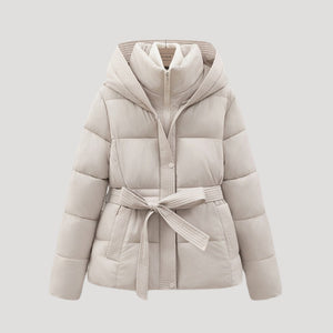 Ladies’ Hooded Puffer Jacket, Belted – Wren - Beige - Hadassha