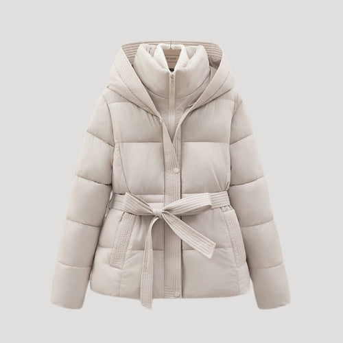 Ladies’ Hooded Puffer Jacket, Belted – Wren - Beige - Hadassha