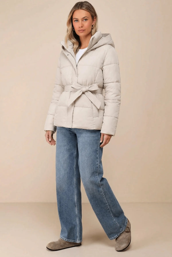 Ladies’ Hooded Puffer Jacket, Belted – Wren
