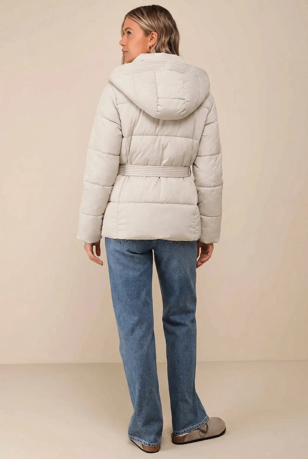 Ladies’ Hooded Puffer Jacket, Belted – Wren