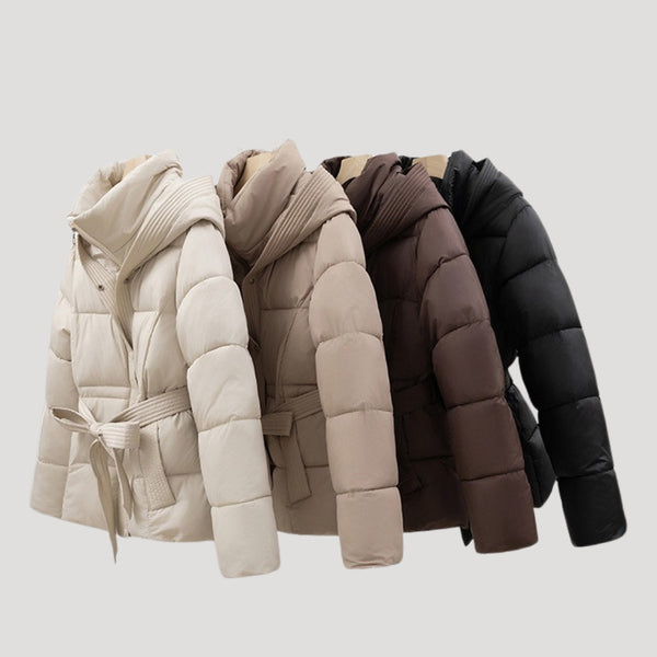 Ladies’ Hooded Puffer Jacket, Belted – Wren - Hadassha