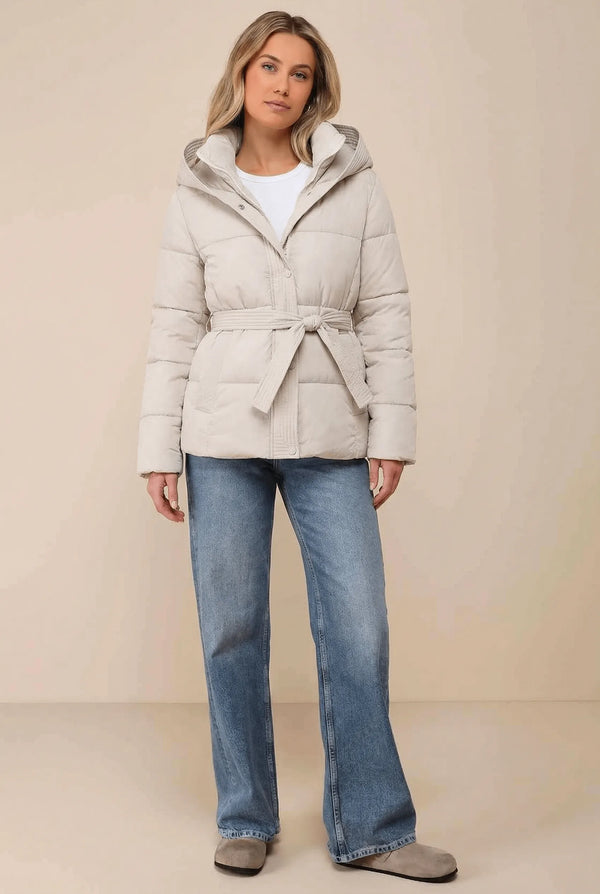 Ladies’ Hooded Puffer Jacket, Belted – Wren
