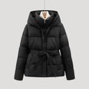 Ladies’ Hooded Puffer Jacket, Belted – Wren - Black - Hadassha