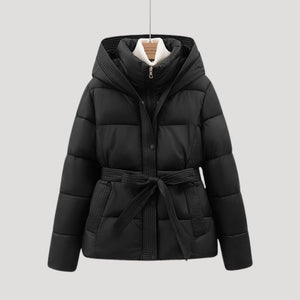 Ladies’ Hooded Puffer Jacket, Belted – Wren - Black - Hadassha