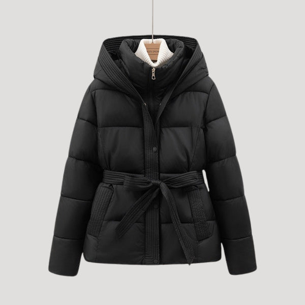 Ladies’ Hooded Puffer Jacket, Belted – Wren - Black - Hadassha