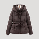 Ladies’ Hooded Puffer Jacket, Belted – Wren - Dark Brown - Hadassha