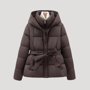 Ladies’ Hooded Puffer Jacket, Belted – Wren - Dark Brown - Hadassha