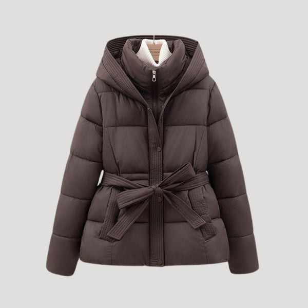 Ladies’ Hooded Puffer Jacket, Belted – Wren - Dark Brown - Hadassha