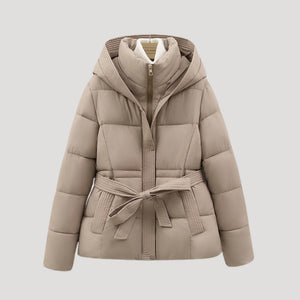 Ladies’ Hooded Puffer Jacket, Belted – Wren - Khaki - Hadassha