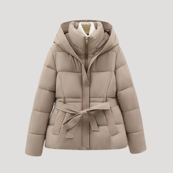 Ladies’ Hooded Puffer Jacket, Belted – Wren - Khaki - Hadassha