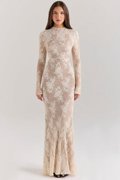 Long-Sleeve Maxi Dress High-Stretch Lace – Corinne - beige - Hadassha