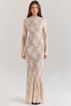 Long-Sleeve Maxi Dress High-Stretch Lace – Corinne - beige - Hadassha