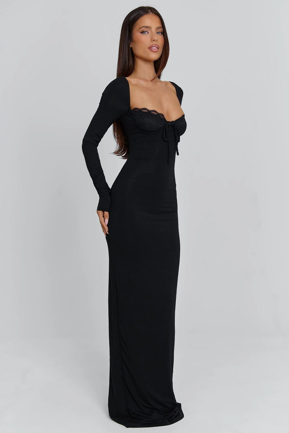 Long-Sleeve Maxi Dress Sculpting – Belinda - Black - Hadassha