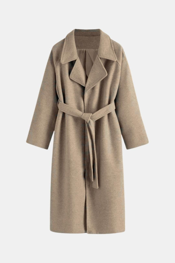 Longline Belted Wrap Coat Tailored Wool-Blend – Camille - Beige - Hadassha