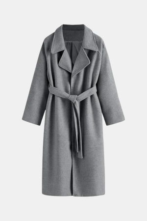 Longline Belted Wrap Coat Tailored Wool-Blend – Camille - Dark Grey - Hadassha