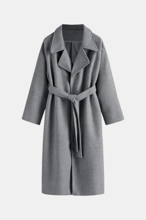 Longline Belted Wrap Coat Tailored Wool-Blend – Camille - Dark Grey - Hadassha