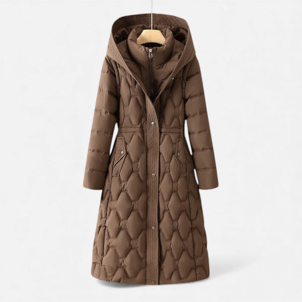 Longline Quilted Hooded Coat Insulated Water-Resistant - Dark brown - Hadassha