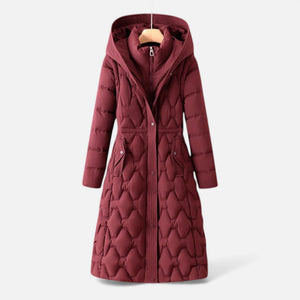 Longline Quilted Hooded Coat Insulated Water-Resistant - Wine Red - Hadassha
