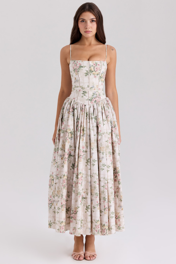 Maxi Dress Shaping Floral Print – Imogen - Floral Beige - Hadassha