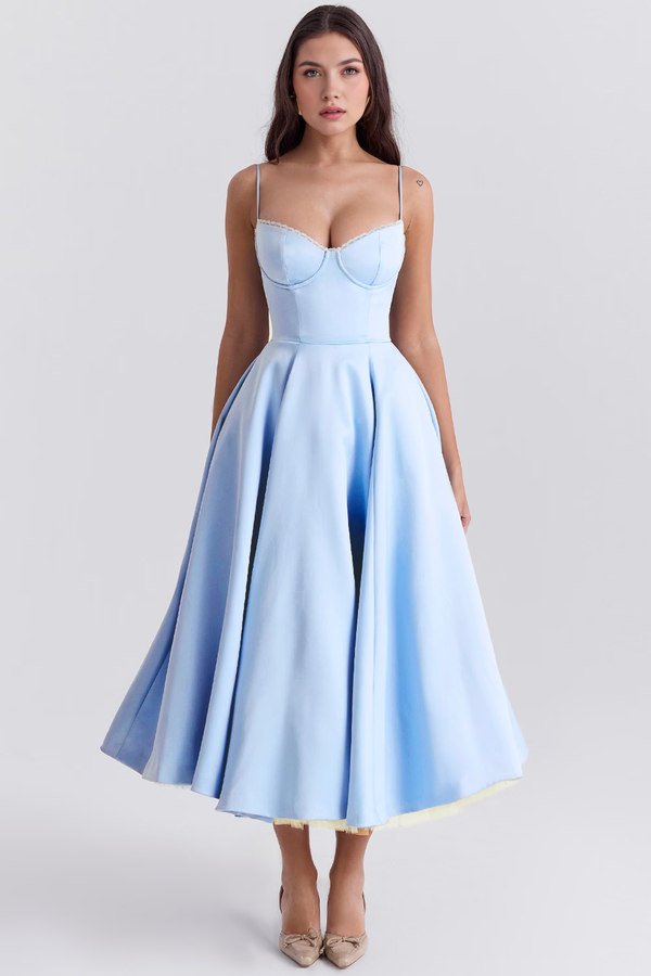 Midi Dress Double-Layer Underwired Satin – Esme - Baby Blue - Hadassha