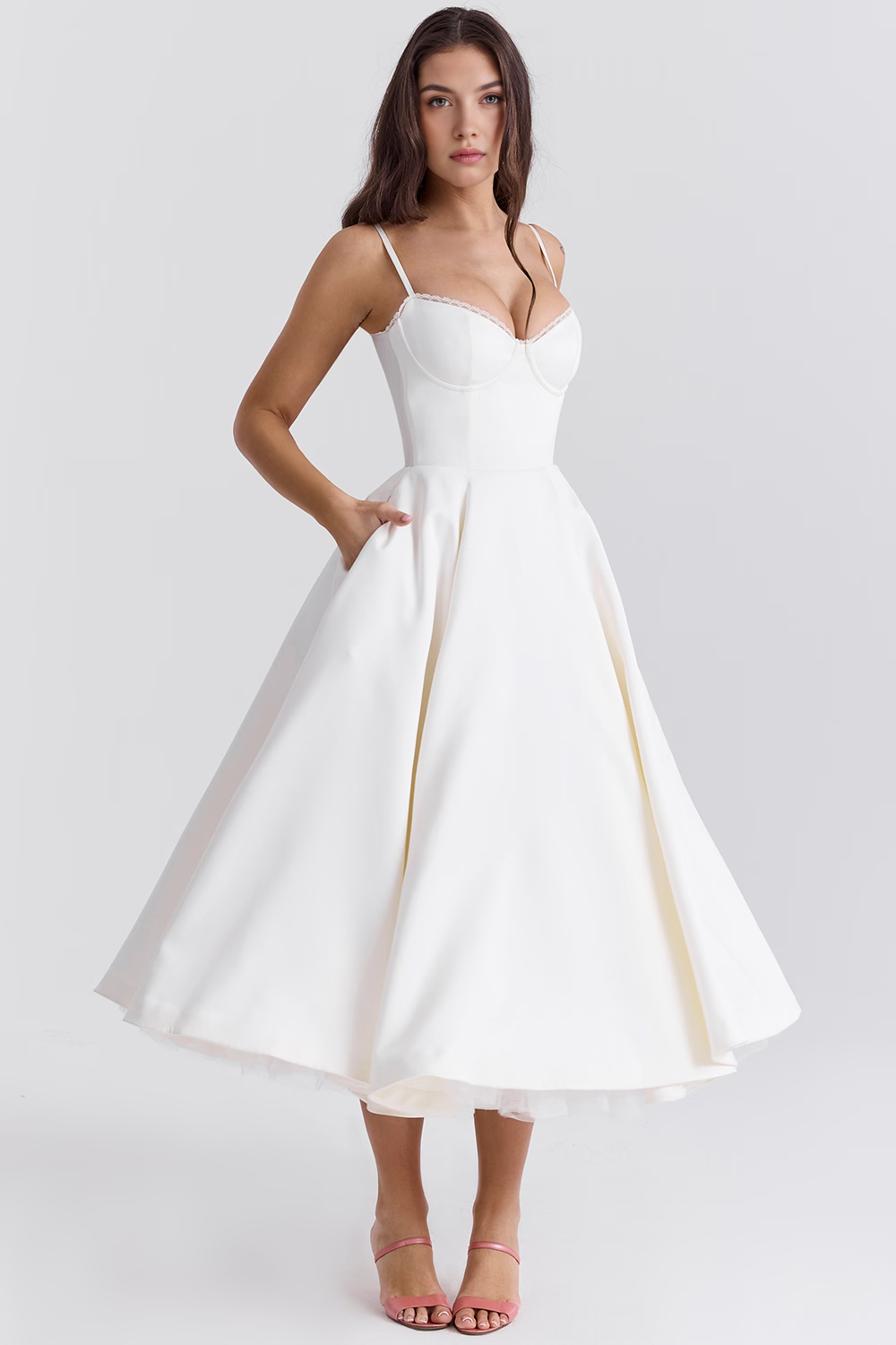 Midi Dress Double-Layer Underwired Satin – Esme - White - Hadassha