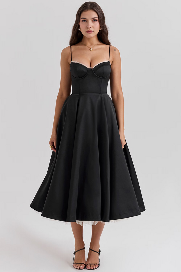 Midi Dress Double-Layer Underwired Satin – Esme - Black - Hadassha