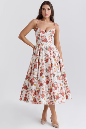 Midi Dress Double-Layer Underwired Satin – Esme - Floral - Hadassha