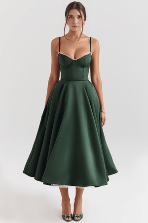Midi Dress Double-Layer Underwired Satin – Esme - Forest Green - Hadassha