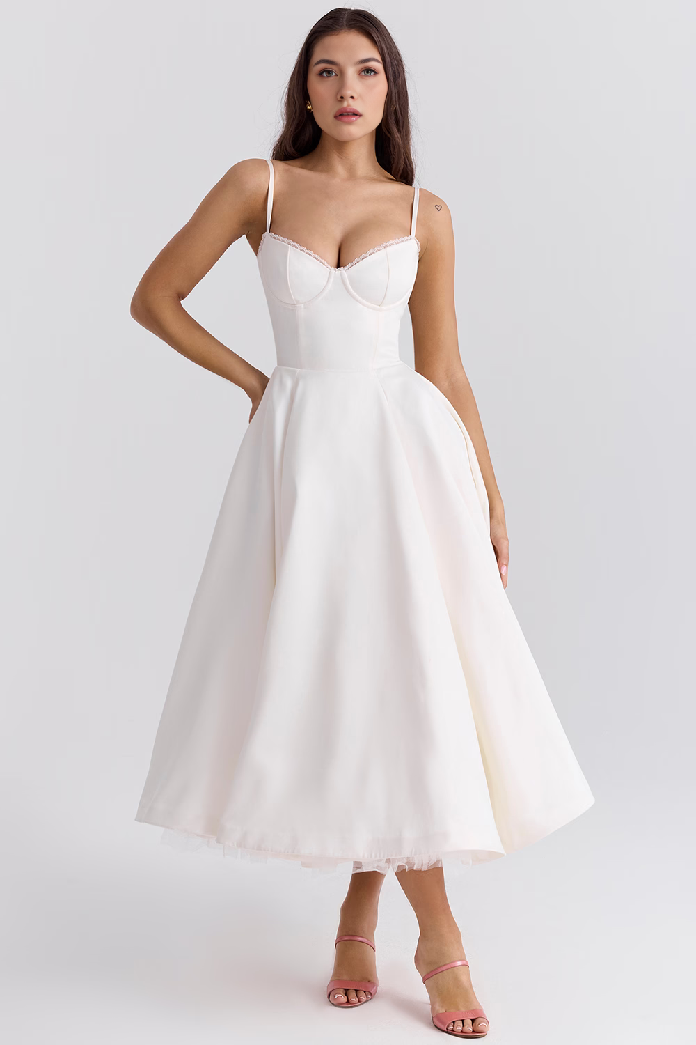 Midi Dress Double-Layer Underwired Satin – Esme - White - Hadassha